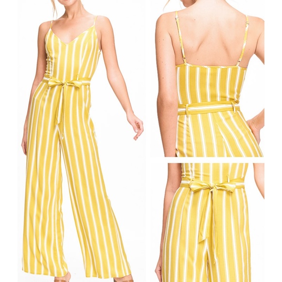 Yellow Cream Striped Wide Leg Cami V Neck Jumpsuit - Picture 4 of 7